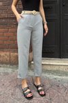 Gri Keten Kemerli Düz Paça Pantolon
