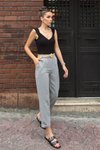 Gri Keten Kemerli Düz Paça Pantolon
