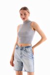 Gri Likralı Crop Bluz