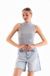 Gri Likralı Crop Bluz