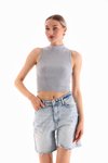Gri Likralı Crop Bluz