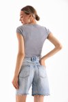 Gri Likralı Kısa Kol Crop Bluz