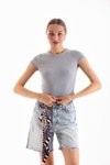 Gri Likralı Kısa Kol Crop Bluz