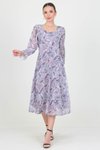 Gray Midi Patterned Sweetheart Neck Chiffon Dress