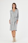 Gray Midi Wrap Neck Tie Detail Winter Knit Dress