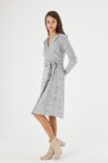Gri Midi Kruvaze Yaka Bağlama Detaylı Kışlık Triko Elbise