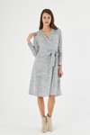 Gri Midi Kruvaze Yaka Bağlama Detaylı Kışlık Triko Elbise