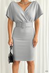 Gri Midi Kruvaze Yaka Kemerli Scuba Elbise