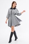Gri Mini Ekose Demonte Farkılı Siyah Yaka Hediyeli Beli Lastikli Kloş Elbise