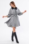 Gri Mini Ekose Demonte Farkılı Siyah Yaka Hediyeli Beli Lastikli Kloş Elbise