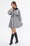 Gri Mini Ekose Demonte Farkılı Siyah Yaka Hediyeli Beli Lastikli Kloş Elbise