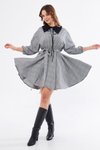 Gri Mini Ekose Demonte Farkılı Siyah Yaka Hediyeli Beli Lastikli Kloş Elbise