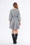 Gri Mini Ekose Demonte Farkılı Siyah Yaka Hediyeli Beli Lastikli Kloş Elbise