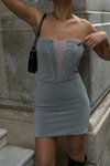 Gri Mini Straplez Shimmer Detay Tül Elbise