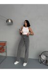 Gri Punch Tasarım Wide Leg Jean Pantolon