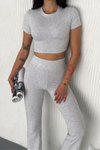 Gri Ribanalı Tayt Crop İkili Takım