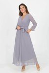 Gri Uzun Kruvaze Yaka Bağlama Detaylı Şifon Elbise