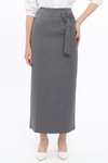 Gri Uzun Mevsimlik Fiyonk Detaylı Kalem Etek