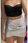 Gümüş Mini Asimetrik Anvelop Parlak Tasarım Lame Yüksek Bel Etek