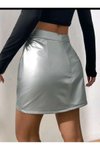 Gümüş Mini Asimetrik Anvelop Parlak Tasarım Lame Yüksek Bel Etek