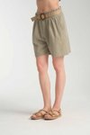 Haki Beli Kemerli Keten Karışım Şort