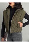 Haki Cepli Kapitone Kapüşonlu Crop Yelek
