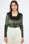 Haki Kadife Büzgü Detay Uzun Kol Esnek Kumaş Çıtçıtlı Body