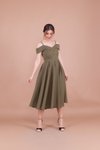 Haki Midi Askılı Düşük Omuz Detay Pileli Abiye Elbise