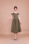 Haki Midi Askılı Düşük Omuz Detay Pileli Abiye Elbise