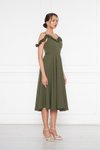 Haki Midi Ayarlanabilir Askılı Yaka Fırfır Detay Dokuma Kumaş Pileli Kloş Abiye Elbise