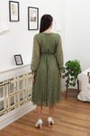 Haki Midi Bağlama Detaylı Dantel Elbise