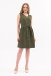 فستان كاكي ميدي بتفاصيل ربط وياقة V بأزرار