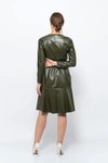Haki Midi Bisiklet Yaka Bağlama Detaylı Deri Görünümlü Kışlık Elbise