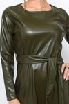 Haki Midi Bisiklet Yaka Bağlama Detaylı Deri Görünümlü Kışlık Elbise