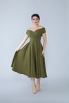 Haki Midi Kayık Yaka Kloş Dokuma Dökümlü Kumaş Abiye Elbise