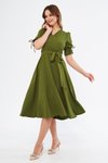 Haki Midi Kruvaze Yaka Büzgülü Kısa Kol Kolları Lastikli Kuşaklı Abiye Elbise