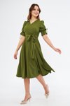 Haki Midi Kruvaze Yaka Büzgülü Kısa Kol Kolları Lastikli Kuşaklı Abiye Elbise