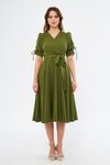 Haki Midi Kruvaze Yaka Büzgülü Kısa Kol Kolları Lastikli Kuşaklı Abiye Elbise
