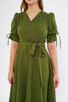 Haki Midi Kruvaze Yaka Büzgülü Kısa Kol Kolları Lastikli Kuşaklı Abiye Elbise