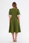 Haki Midi Kruvaze Yaka Büzgülü Kısa Kol Kolları Lastikli Kuşaklı Abiye Elbise
