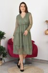 Haki Midi Kruvaze Yaka Eteği Güpür Detaylı Elbise