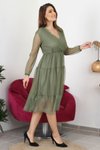 Haki Midi Kruvaze Yaka Eteği Güpür Detaylı Elbise