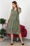 Haki Midi Kruvaze Yaka Eteği Güpür Detaylı Elbise