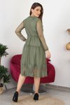 Haki Midi Kruvaze Yaka Eteği Güpür Detaylı Elbise