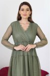 Haki Midi Kruvaze Yaka Eteği Güpür Detaylı Elbise