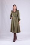 Haki Midi Kruvaze Yaka Uzun Kol Elbise