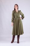 Haki Midi Kruvaze Yaka Uzun Kol Elbise