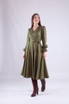 Haki Midi Kruvaze Yaka Uzun Kol Elbise