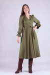 Haki Midi Kruvaze Yaka Uzun Kol Elbise