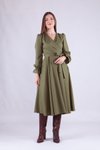 Haki Midi Kruvaze Yaka Uzun Kol Elbise